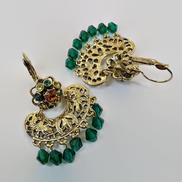 Boho Earrings, Joan River, Gold, Green, Bohemian, Crystal, Rhinestone, Mogul - Picture 5 of 5